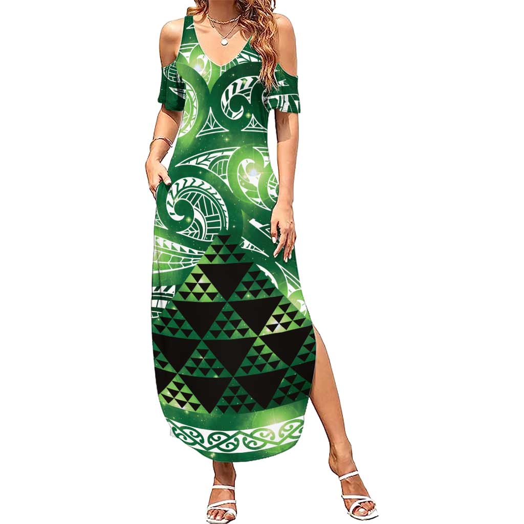 Matariki New Zealand Family Matching Summer Maxi Dress and Hawaiian Shirt NZ Niho Taniwha Maori New Year Green Galaxy