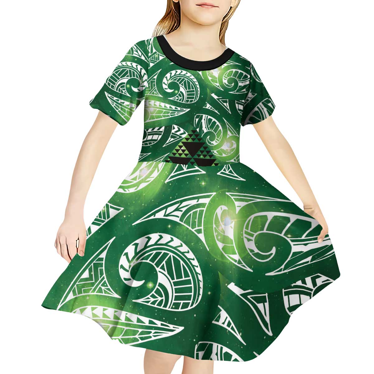 Matariki New Zealand Kid Short Sleeve Dress NZ Niho Taniwha Maori New Year Green Galaxy