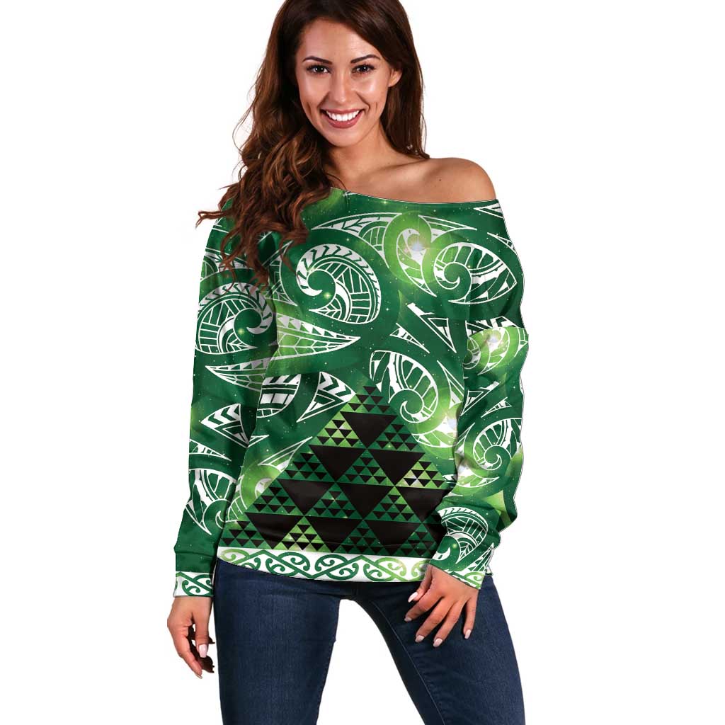 Matariki New Zealand Off Shoulder Sweater NZ Niho Taniwha Maori New Year Green Galaxy LT14 Women Green - Polynesian Pride