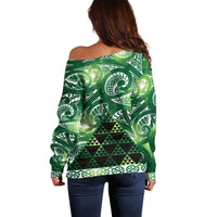 Matariki New Zealand Off Shoulder Sweater NZ Niho Taniwha Maori New Year Green Galaxy LT14 - Polynesian Pride