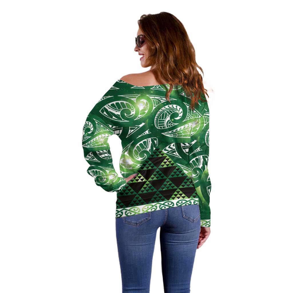 Matariki New Zealand Off Shoulder Sweater NZ Niho Taniwha Maori New Year Green Galaxy LT14 - Polynesian Pride