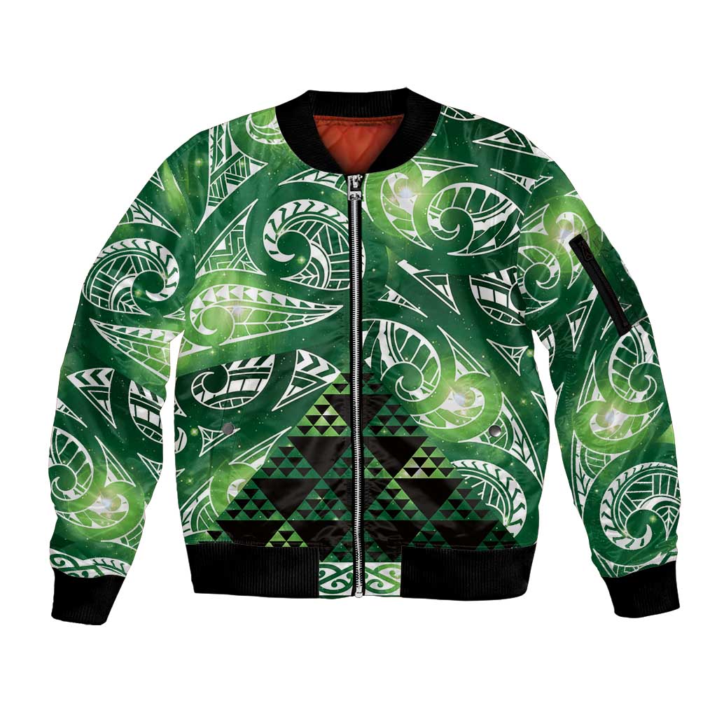 Matariki New Zealand Sleeve Zip Bomber Jacket NZ Niho Taniwha Maori New Year Green Galaxy
