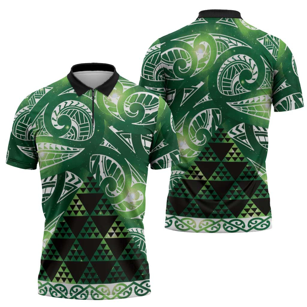 Matariki New Zealand Zipper Polo Shirt NZ Niho Taniwha Maori New Year Green Galaxy