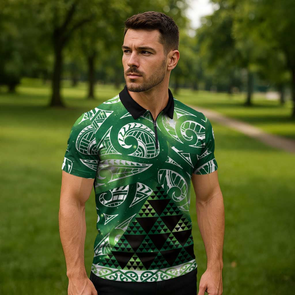 Matariki New Zealand Zipper Polo Shirt NZ Niho Taniwha Maori New Year Green Galaxy
