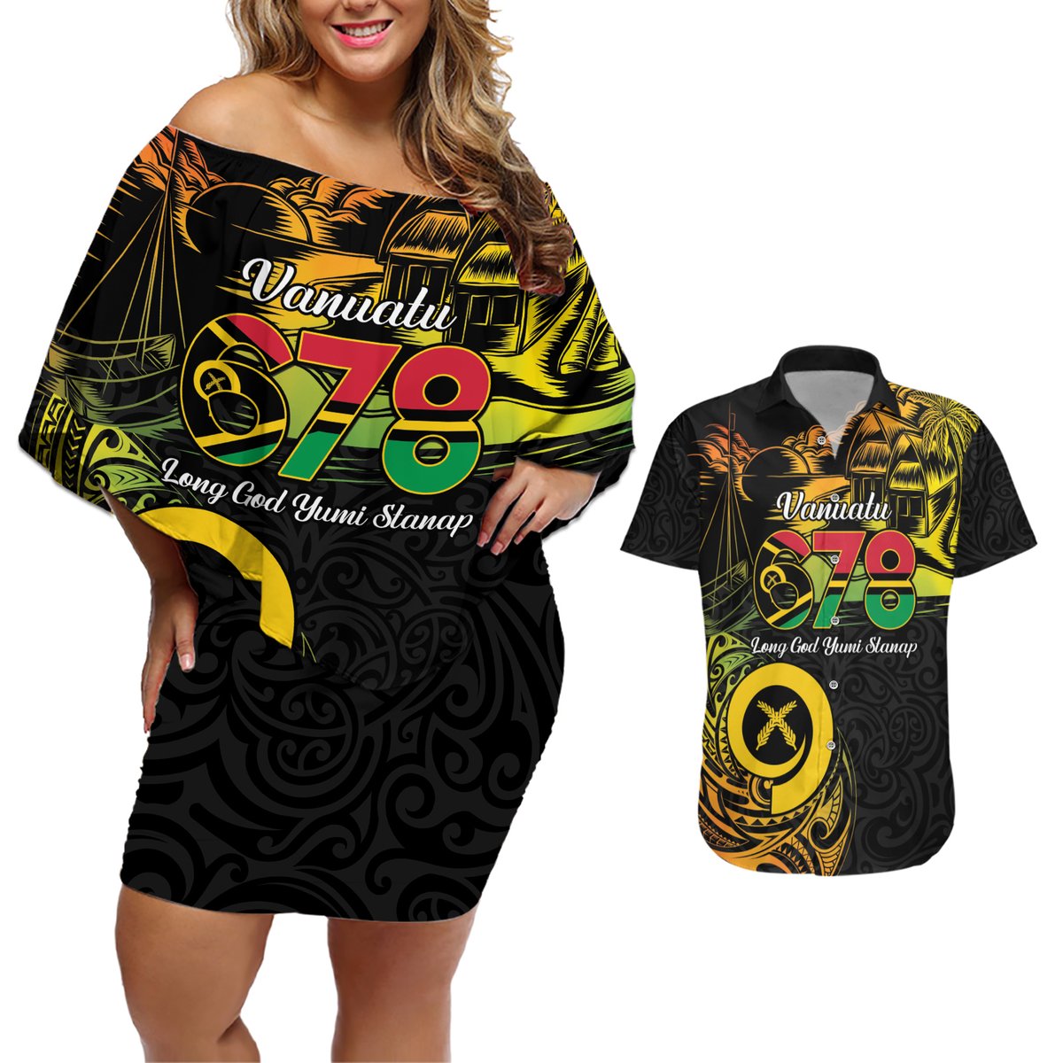 Personalised Vanuatu 678 Couples Matching Off Shoulder Short Dress and Hawaiian Shirt Proud To Be A Ni-Van