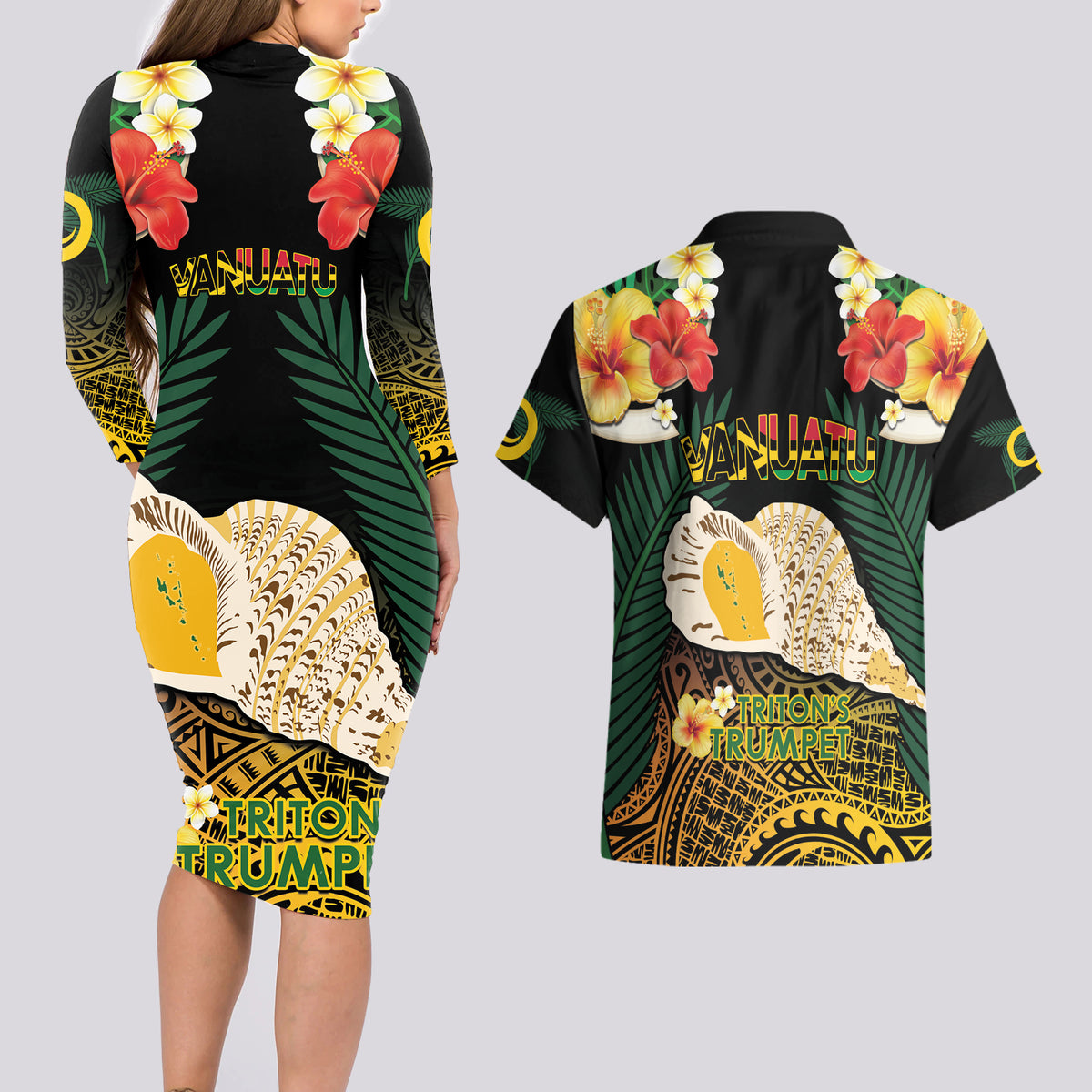Vanuatu Triton's Trumpet Couples Matching Long Sleeve Bodycon Dress and Hawaiian Shirt Tropical Flowers Vanuatuan Map