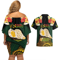 Vanuatu Triton's Trumpet Couples Matching Off Shoulder Short Dress and Hawaiian Shirt Tropical Flowers Vanuatuan Map