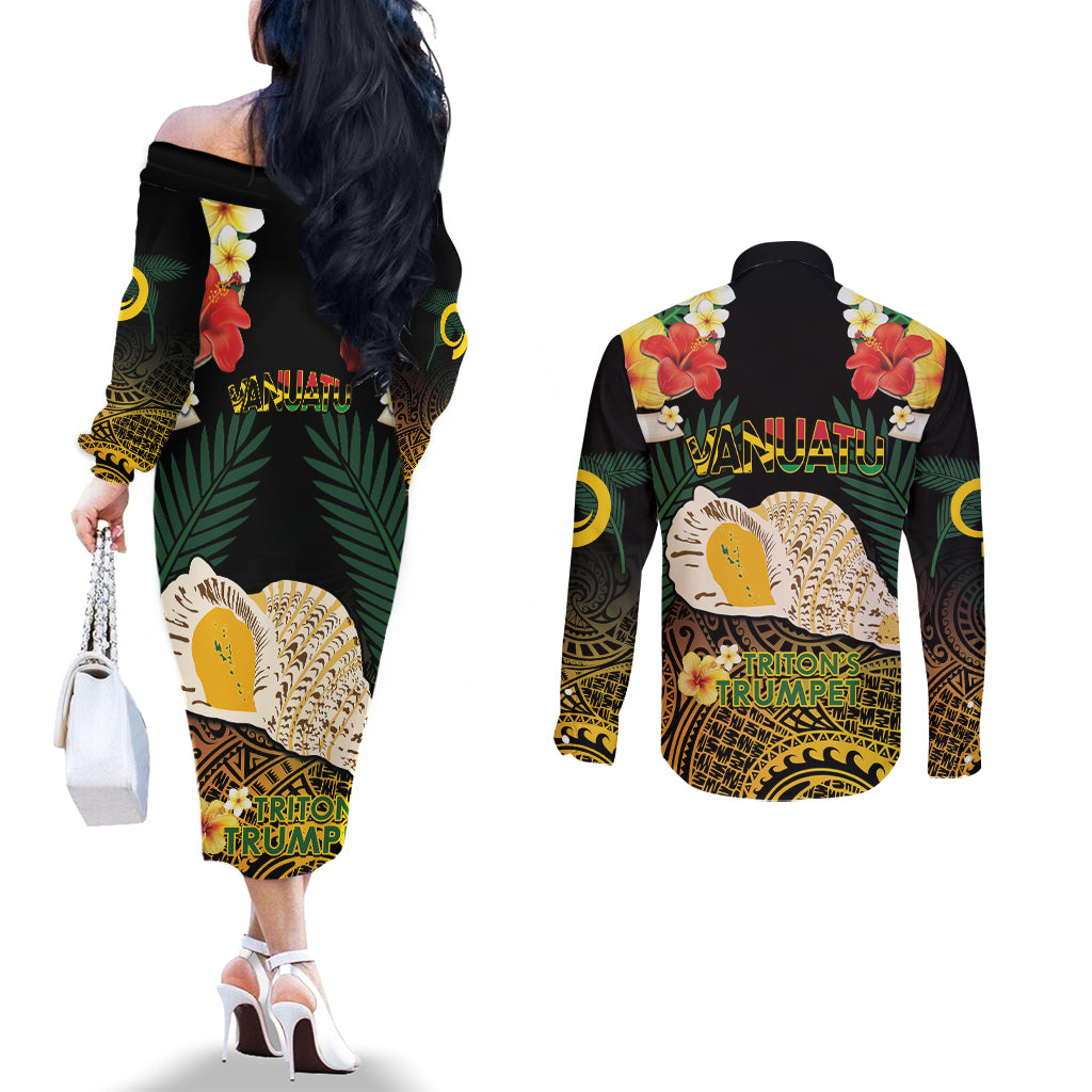 Vanuatu Triton's Trumpet Couples Matching Off The Shoulder Long Sleeve Dress and Long Sleeve Button Shirt Tropical Flowers Vanuatuan Map