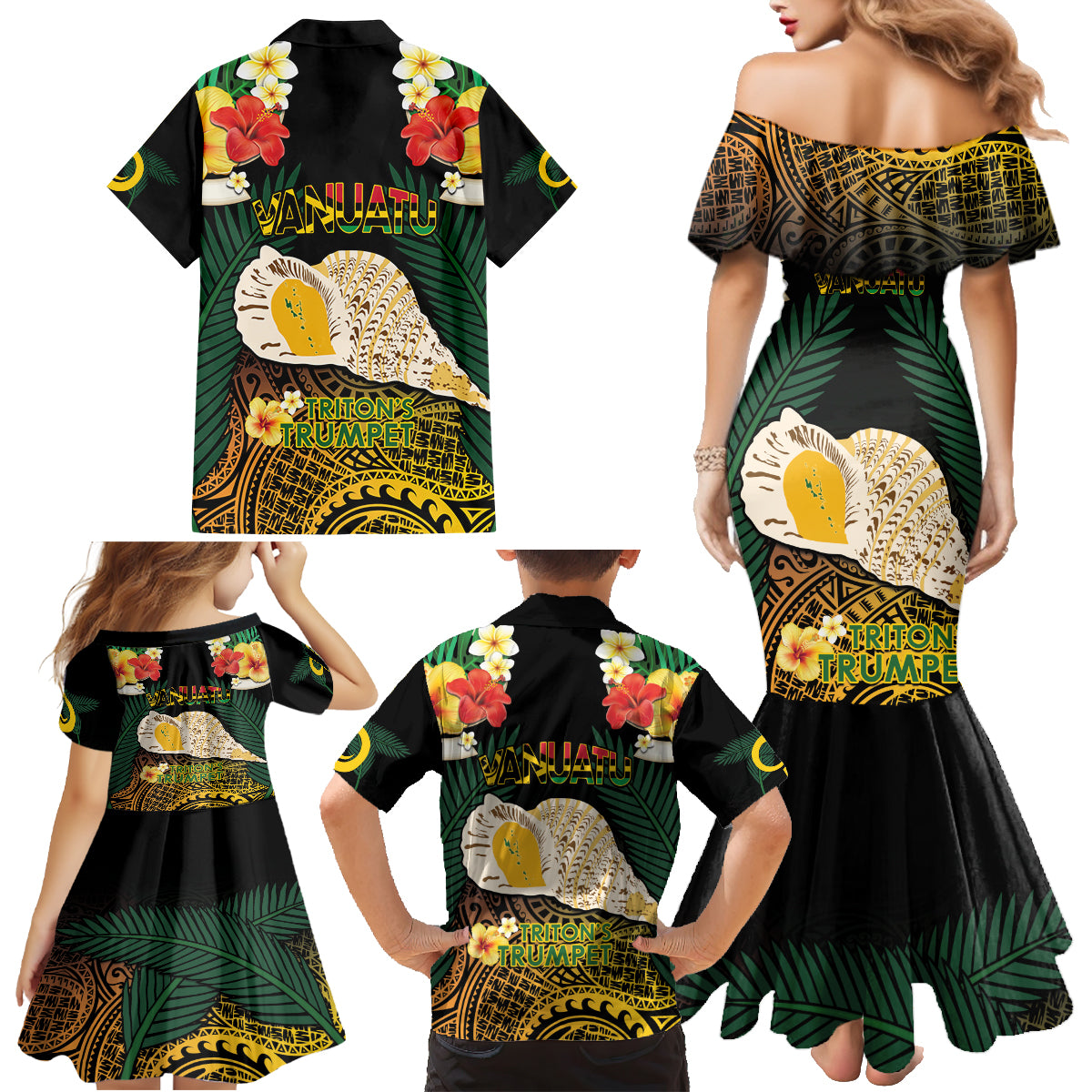 Vanuatu Triton's Trumpet Family Matching Mermaid Dress and Hawaiian Shirt Tropical Flowers Vanuatuan Map