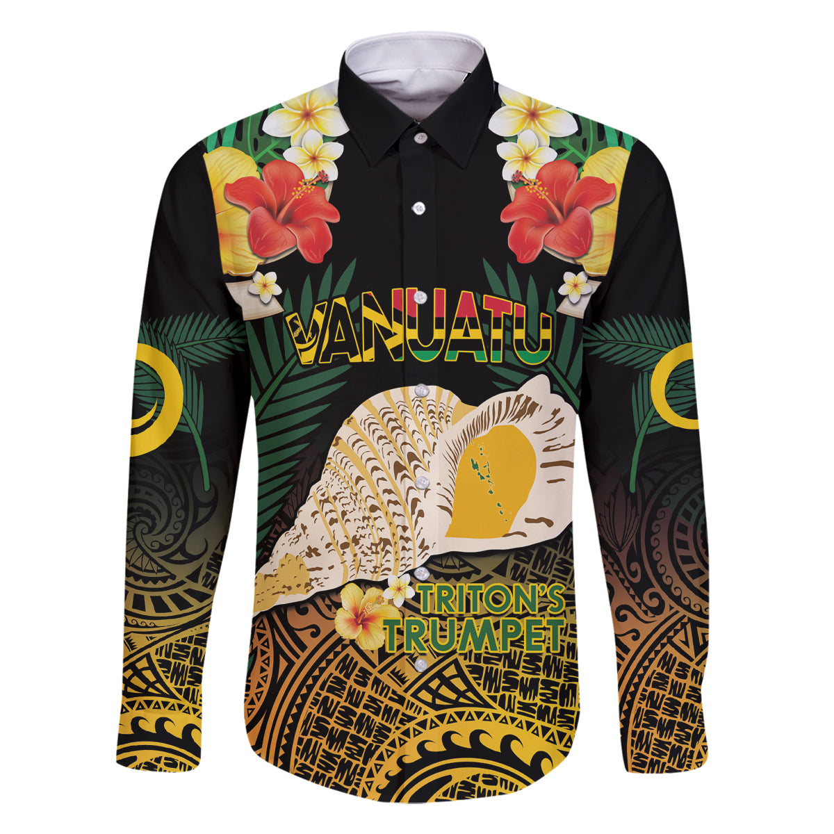 Vanuatu Triton's Trumpet Family Matching Off The Shoulder Long Sleeve Dress and Hawaiian Shirt Tropical Flowers Vanuatuan Map