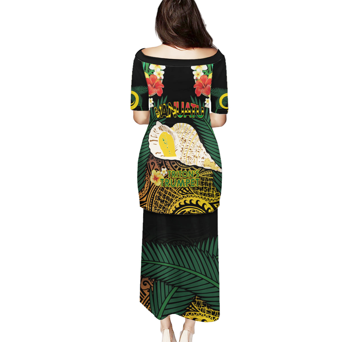 Vanuatu Triton's Trumpet Family Matching Puletasi and Hawaiian Shirt Tropical Flowers Vanuatuan Map