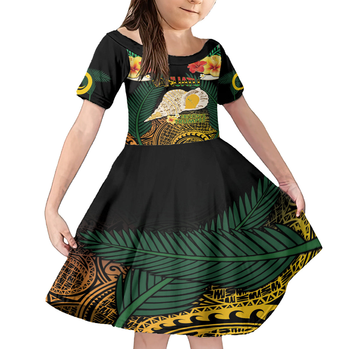 Vanuatu Triton's Trumpet Family Matching Tank Maxi Dress and Hawaiian Shirt Tropical Flowers Vanuatuan Map
