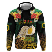 Vanuatu Triton's Trumpet Hoodie Tropical Flowers Vanuatuan Map LT14 Pullover Hoodie Black - Polynesian Pride