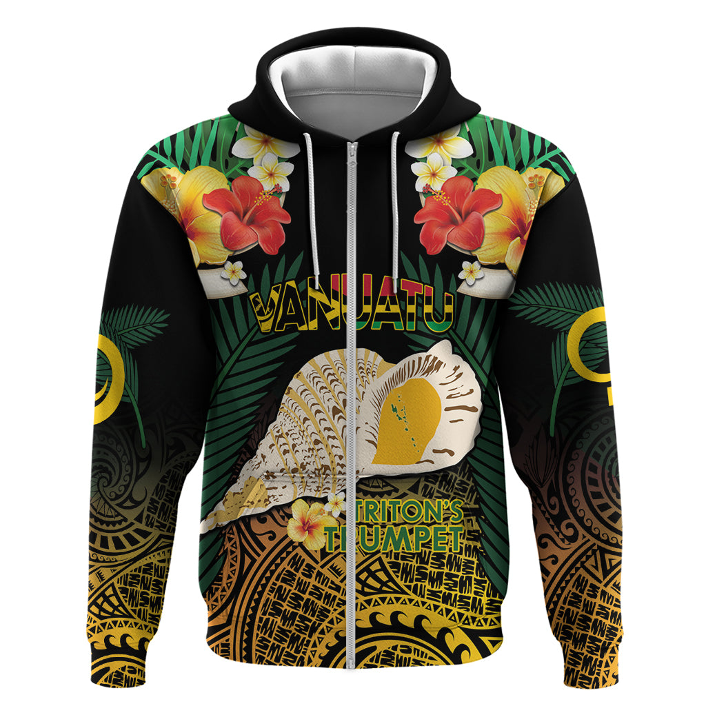 Vanuatu Triton's Trumpet Hoodie Tropical Flowers Vanuatuan Map LT14 Zip Hoodie Black - Polynesian Pride