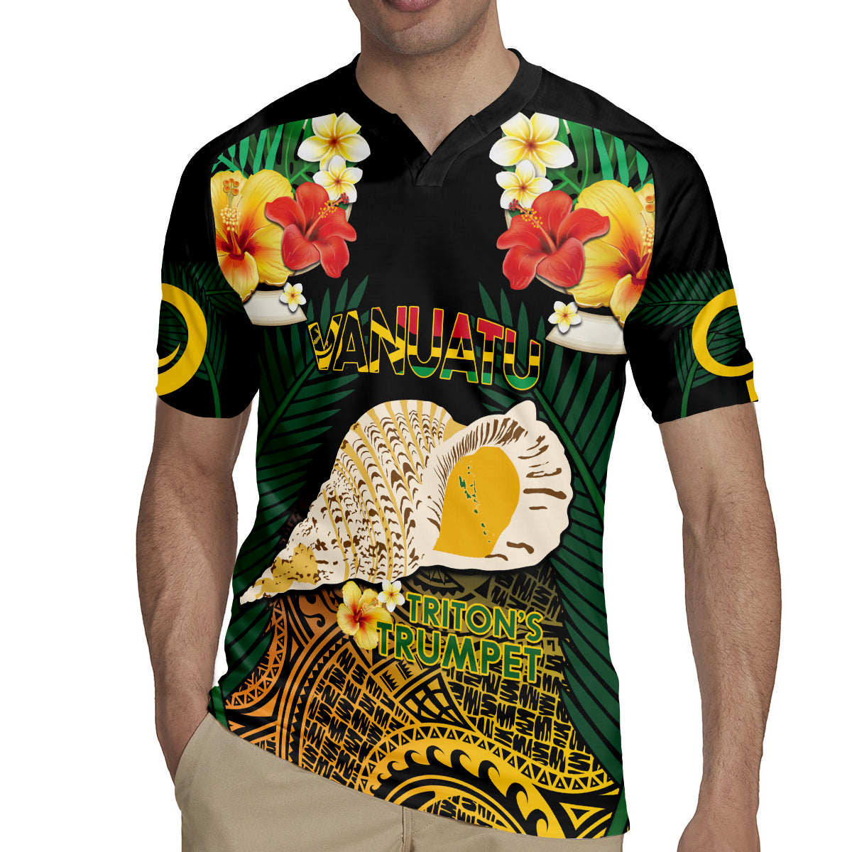 Vanuatu Triton's Trumpet Rugby Jersey Tropical Flowers Vanuatuan Map