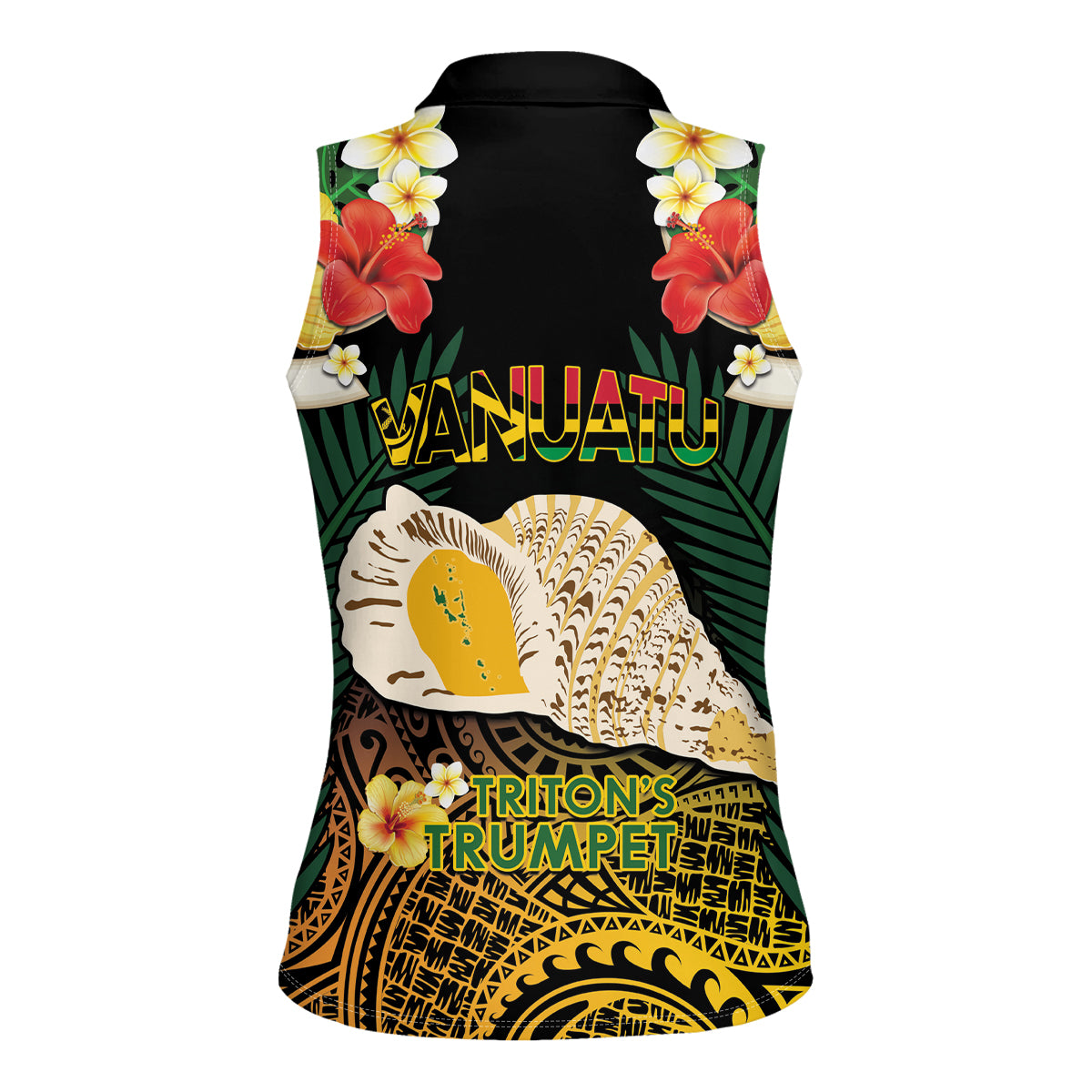 Vanuatu Triton's Trumpet Women Sleeveless Polo Shirt Tropical Flowers Vanuatuan Map