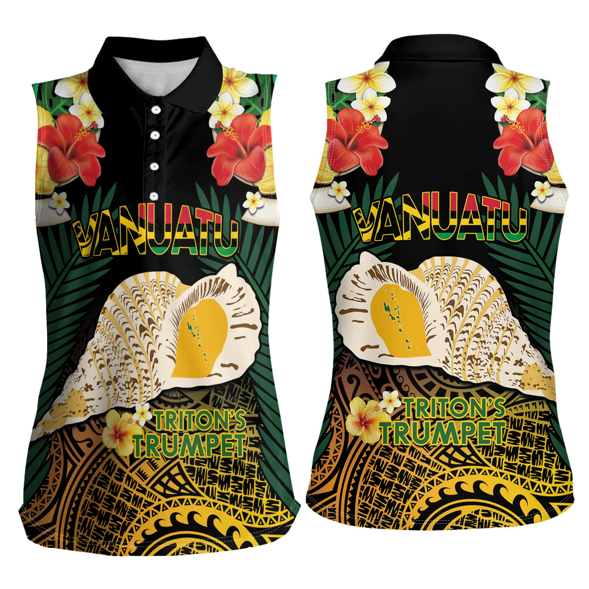 Vanuatu Triton's Trumpet Women Sleeveless Polo Shirt Tropical Flowers Vanuatuan Map