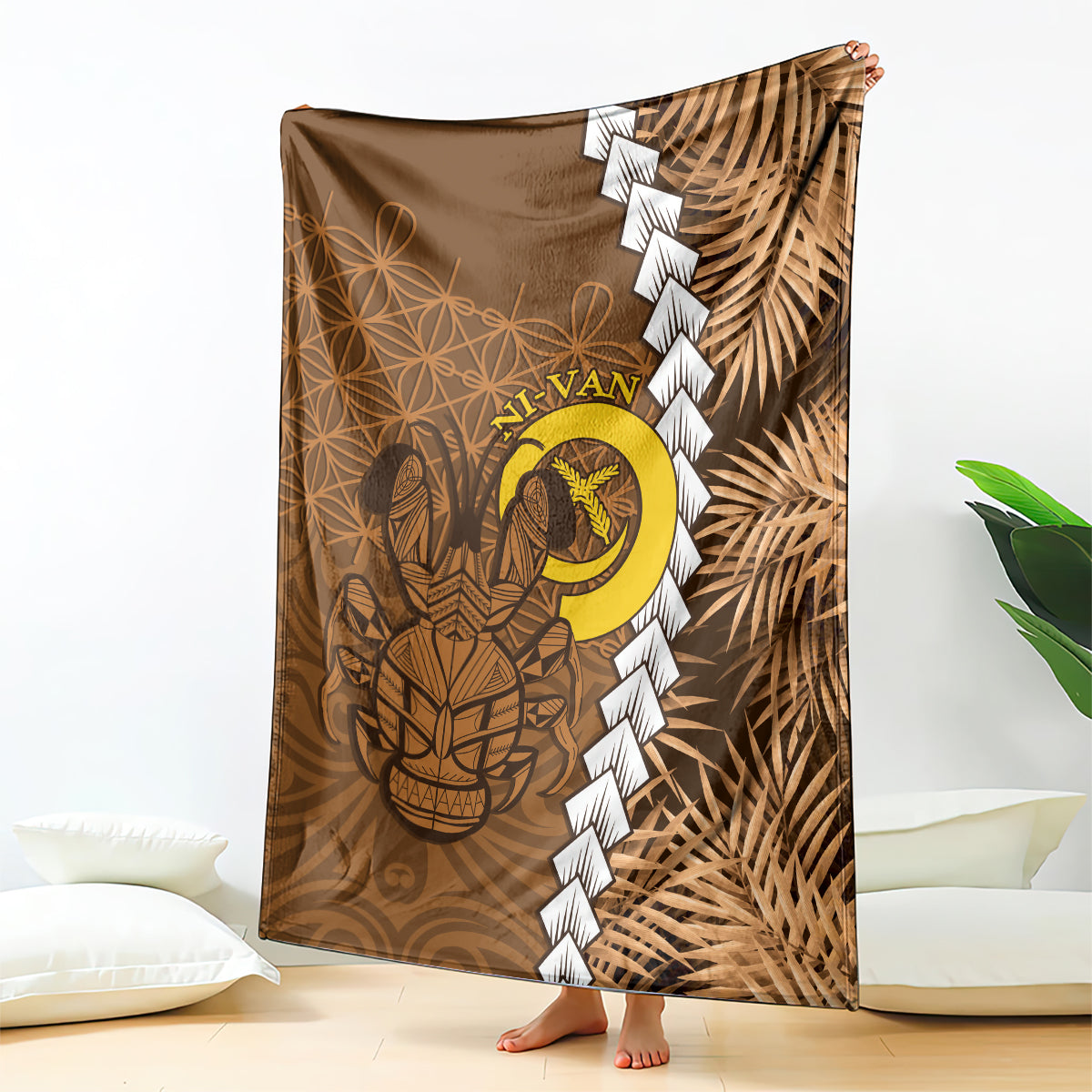 Vanuatu Coconut Crab Blanket Ni-Van Tropical Leaves With Sand Drawing Art
