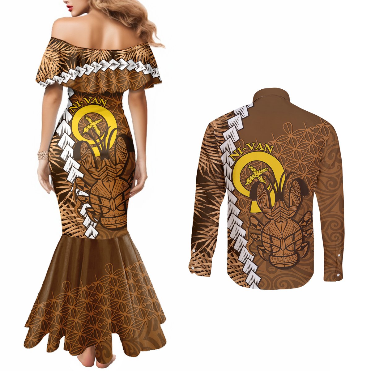 Vanuatu Coconut Crab Couples Matching Mermaid Dress and Long Sleeve Button Shirt Ni-Van Tropical Leaves With Sand Drawing Art