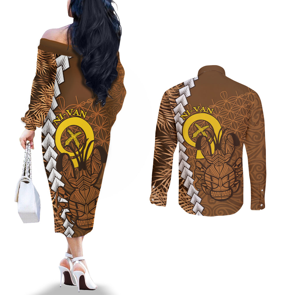 Vanuatu Coconut Crab Couples Matching Off The Shoulder Long Sleeve Dress and Long Sleeve Button Shirt Ni-Van Tropical Leaves With Sand Drawing Art