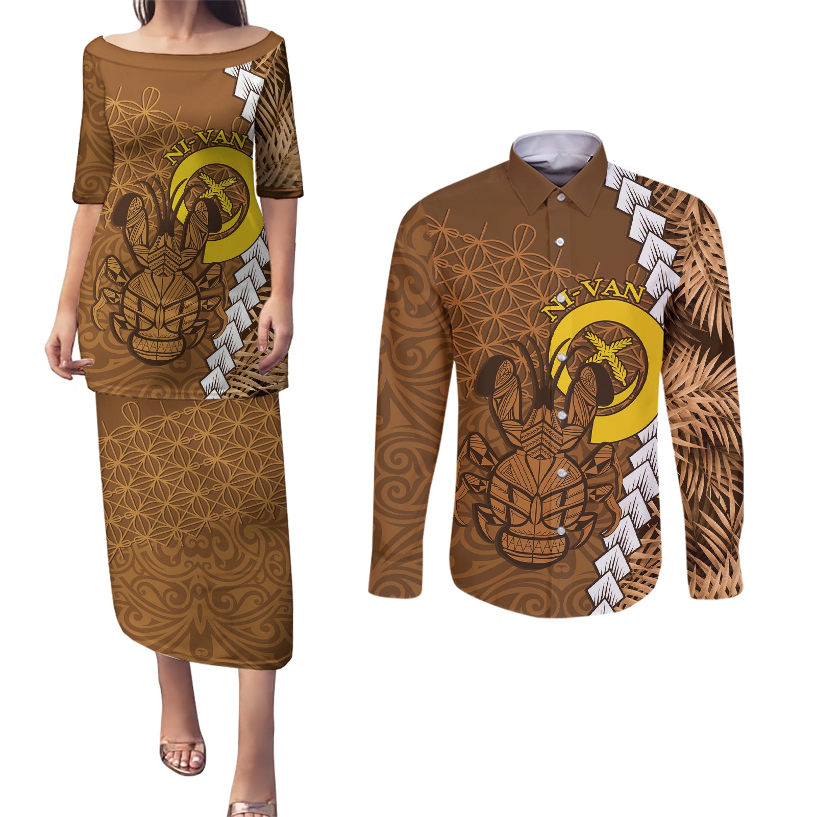 Vanuatu Coconut Crab Couples Matching Puletasi and Long Sleeve Button Shirt Ni-Van Tropical Leaves With Sand Drawing Art