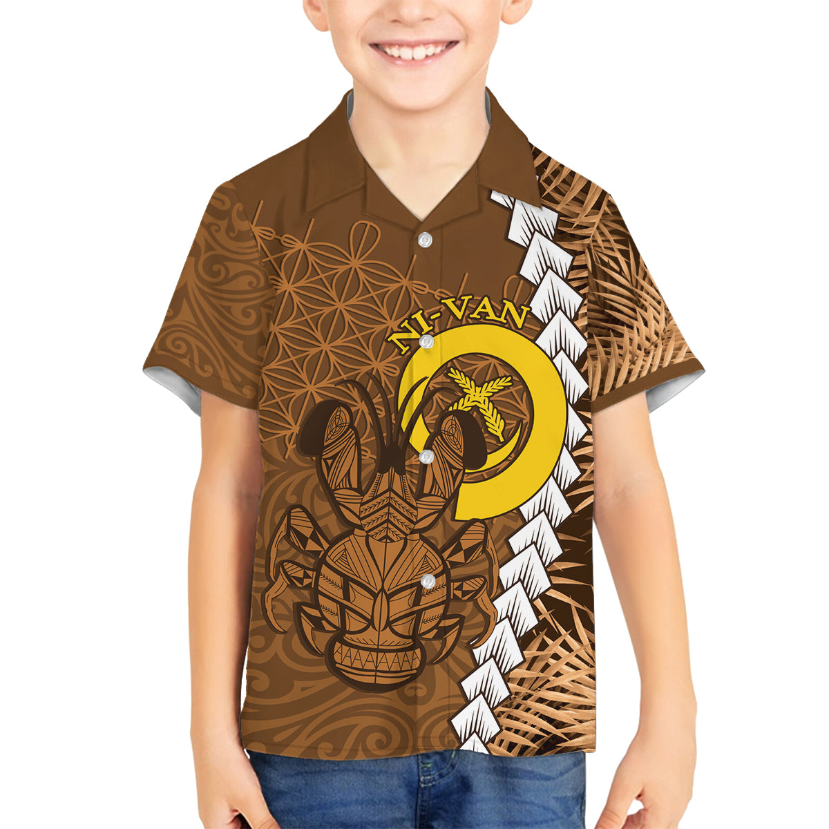 Vanuatu Coconut Crab Family Matching Off Shoulder Short Dress and Hawaiian Shirt Ni-Van Tropical Leaves With Sand Drawing Art