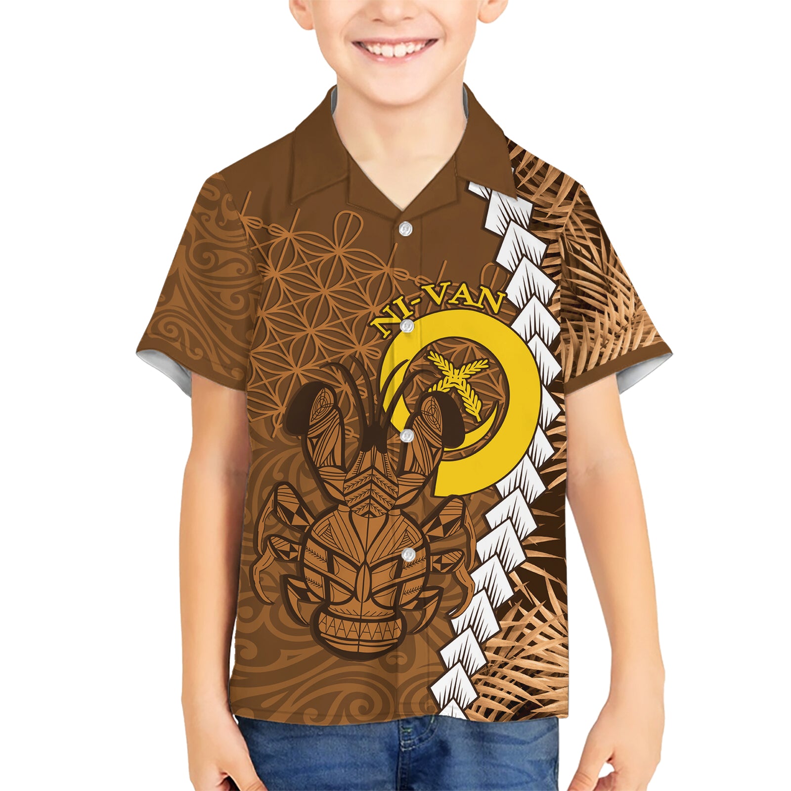 Vanuatu Coconut Crab Kid Hawaiian Shirt Ni-Van Tropical Leaves With Sand Drawing Art