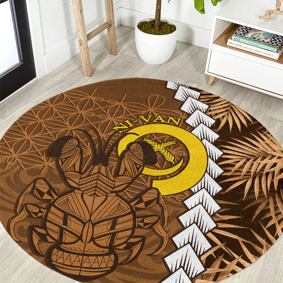 Vanuatu Coconut Crab Round Carpet Ni-Van Tropical Leaves With Sand Drawing Art LT14 Brown - Polynesian Pride