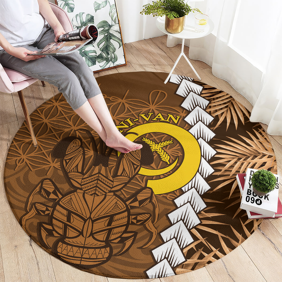 Vanuatu Coconut Crab Round Carpet Ni-Van Tropical Leaves With Sand Drawing Art LT14 - Polynesian Pride