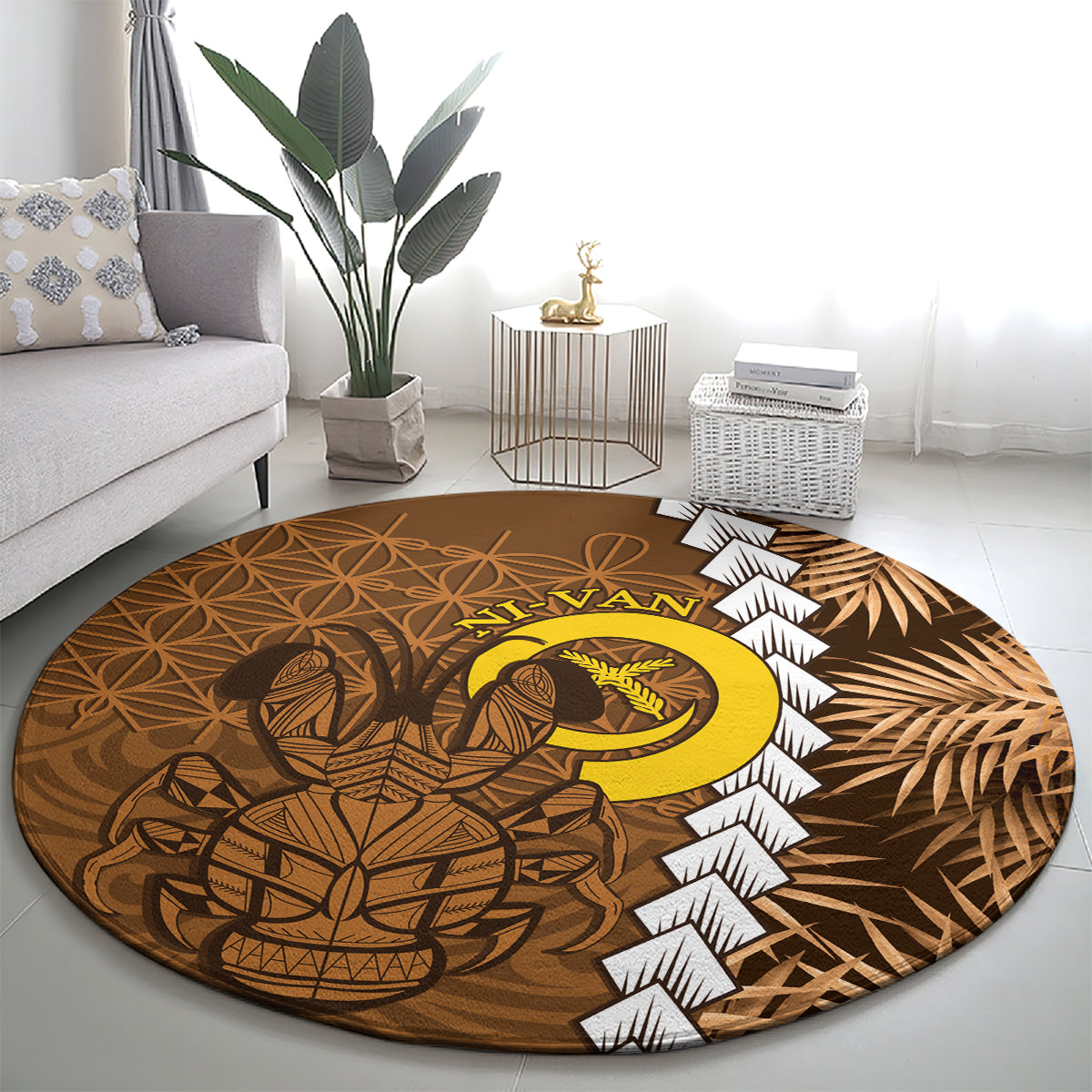 Vanuatu Coconut Crab Round Carpet Ni-Van Tropical Leaves With Sand Drawing Art LT14 - Polynesian Pride