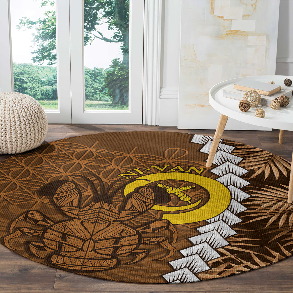 Vanuatu Coconut Crab Round Carpet Ni-Van Tropical Leaves With Sand Drawing Art LT14 - Polynesian Pride