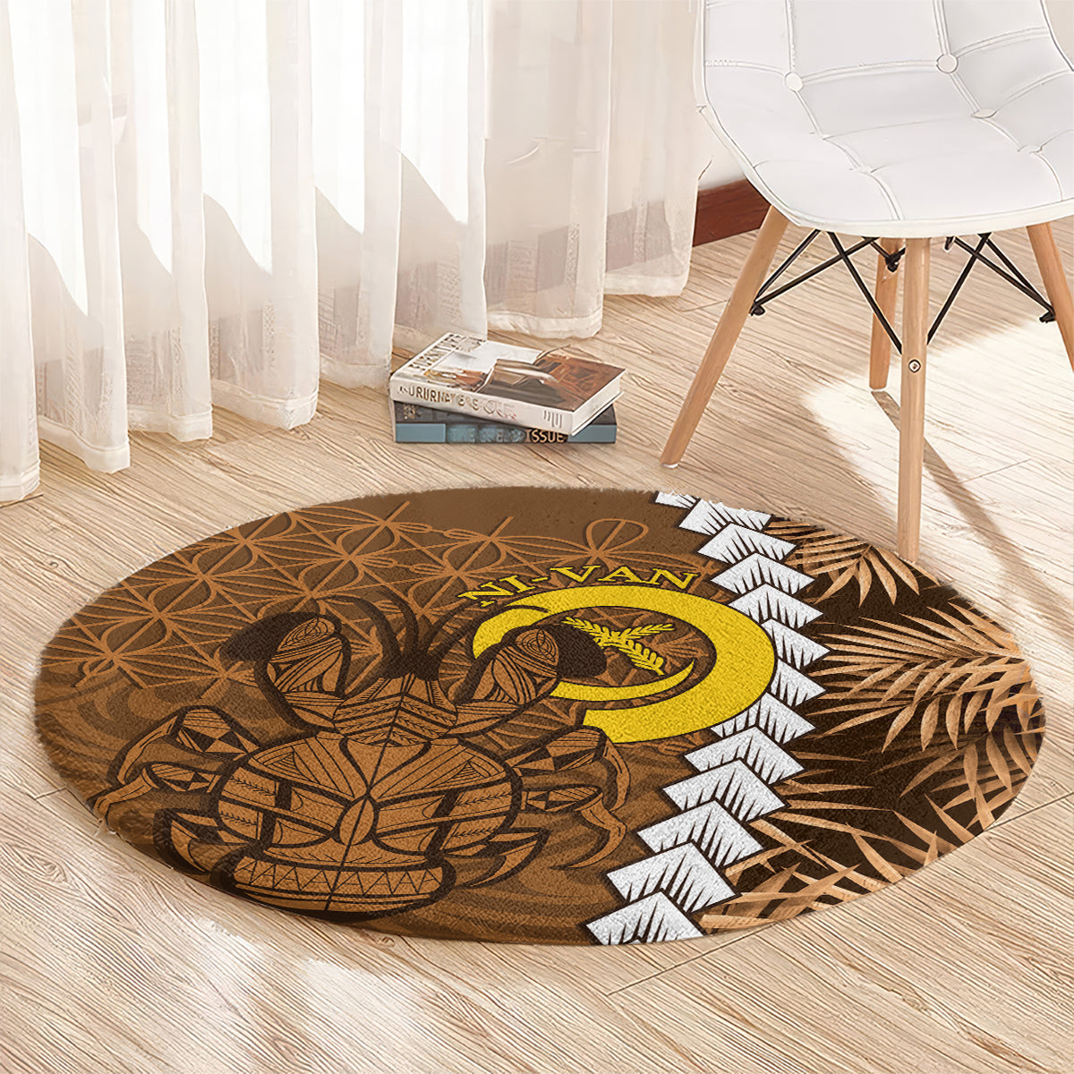Vanuatu Coconut Crab Round Carpet Ni-Van Tropical Leaves With Sand Drawing Art LT14 - Polynesian Pride