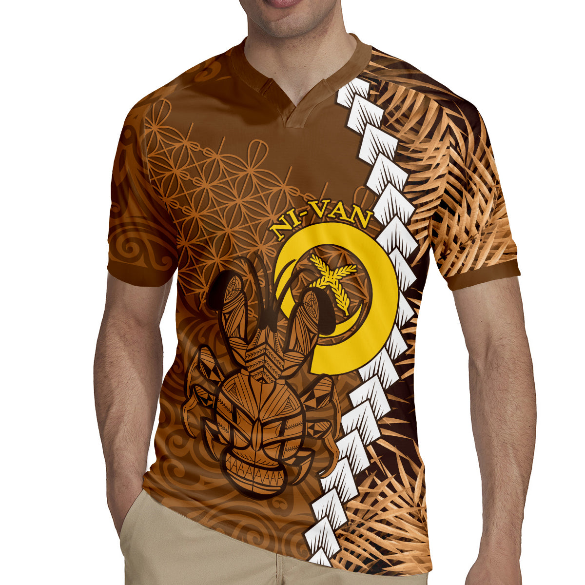 Vanuatu Coconut Crab Rugby Jersey Ni-Van Tropical Leaves With Sand Drawing Art