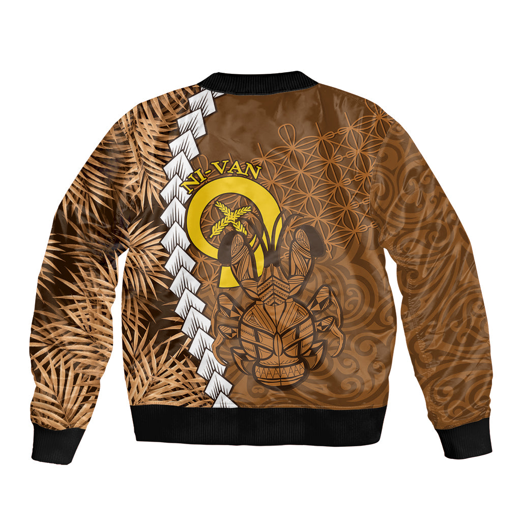Vanuatu Coconut Crab Sleeve Zip Bomber Jacket Ni-Van Tropical Leaves With Sand Drawing Art