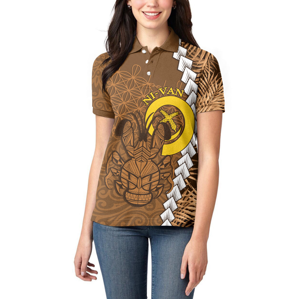 Vanuatu Coconut Crab Women Polo Shirt Ni-Van Tropical Leaves With Sand Drawing Art