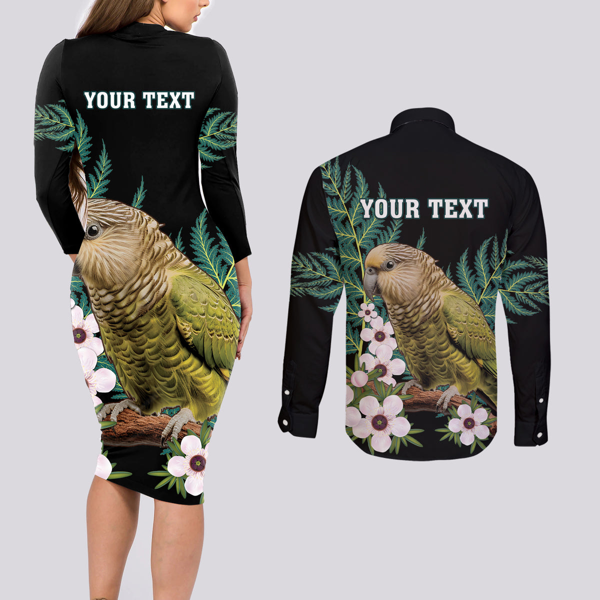 Personalised New Zealand Kakapo Couples Matching Long Sleeve Bodycon Dress and Long Sleeve Button Shirt Aotearoa Fern With Manuka