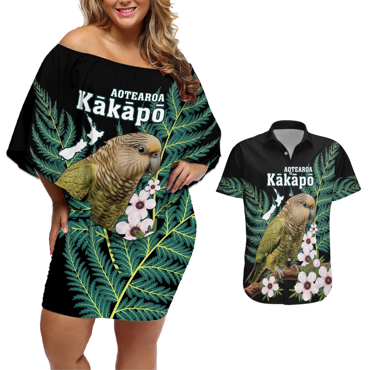 Personalised New Zealand Kakapo Couples Matching Off Shoulder Short Dress and Hawaiian Shirt Aotearoa Fern With Manuka