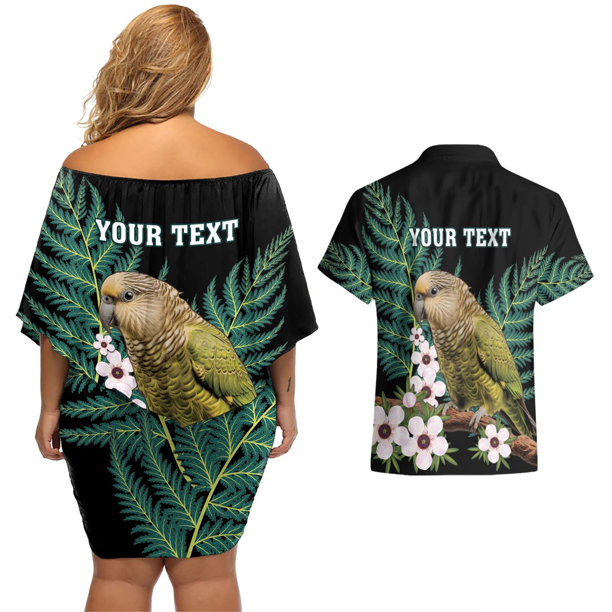 Personalised New Zealand Kakapo Couples Matching Off Shoulder Short Dress and Hawaiian Shirt Aotearoa Fern With Manuka