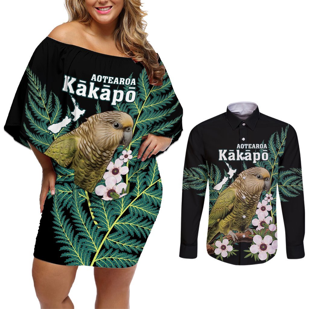 Personalised New Zealand Kakapo Couples Matching Off Shoulder Short Dress and Long Sleeve Button Shirt Aotearoa Fern With Manuka LT14 Black - Polynesian Pride