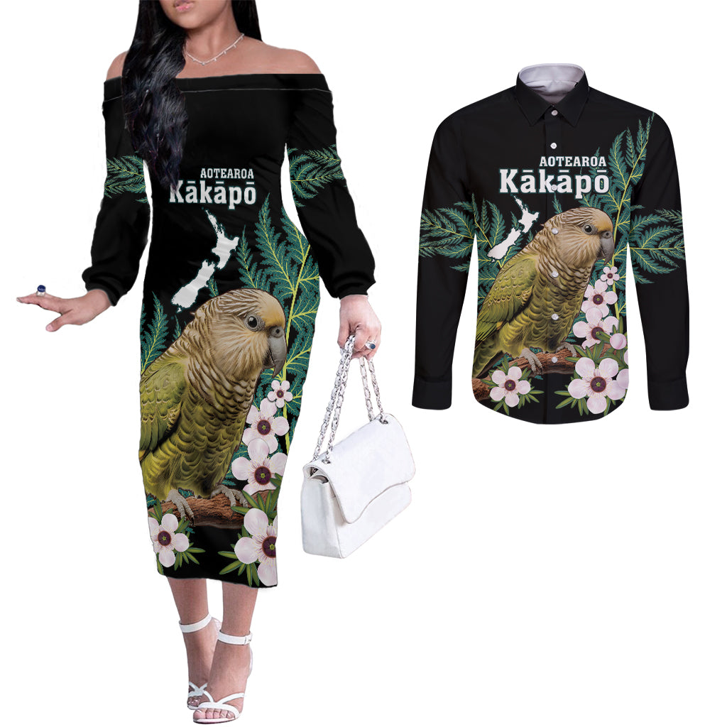 Personalised New Zealand Kakapo Couples Matching Off The Shoulder Long Sleeve Dress and Long Sleeve Button Shirt Aotearoa Fern With Manuka