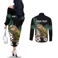 Personalised New Zealand Kakapo Couples Matching Off The Shoulder Long Sleeve Dress and Long Sleeve Button Shirt Aotearoa Fern With Manuka