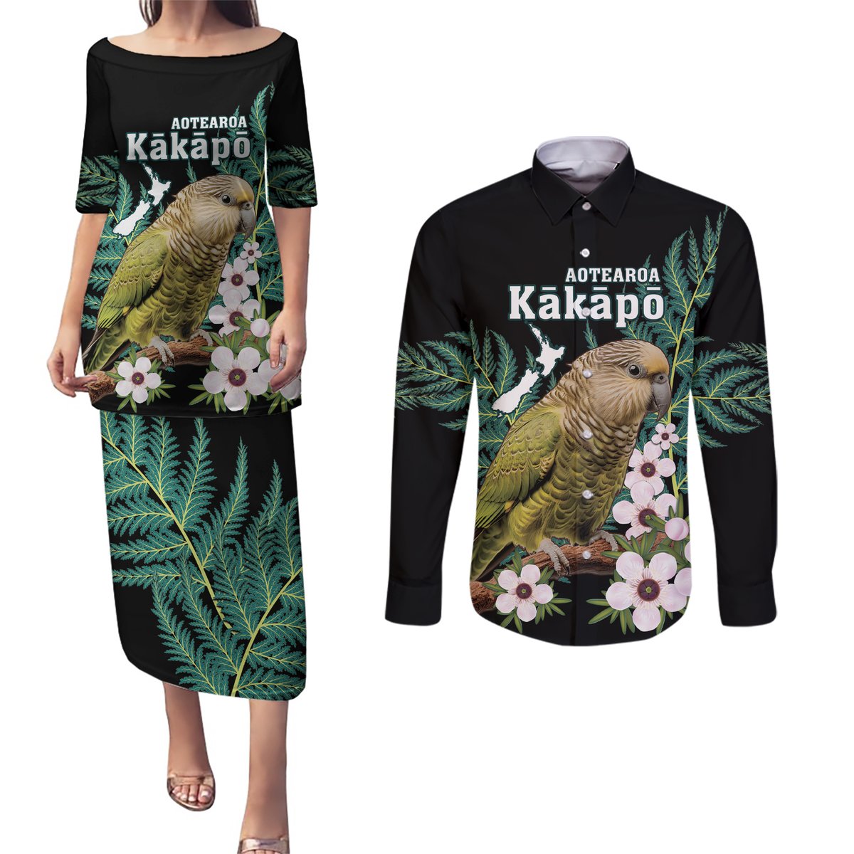 Personalised New Zealand Kakapo Couples Matching Puletasi and Long Sleeve Button Shirt Aotearoa Fern With Manuka LT14 Black - Polynesian Pride
