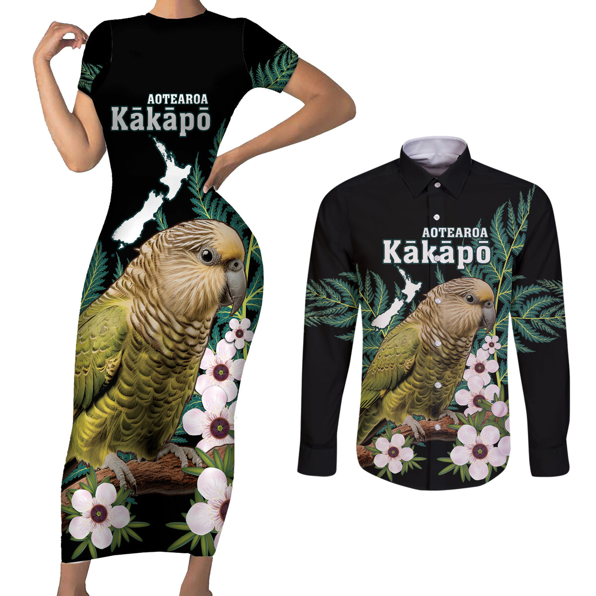 Personalised New Zealand Kakapo Couples Matching Short Sleeve Bodycon Dress and Long Sleeve Button Shirt Aotearoa Fern With Manuka