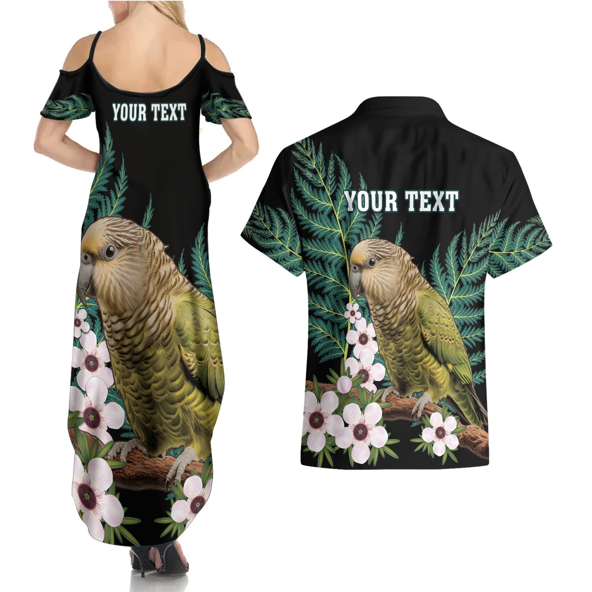 Personalised New Zealand Kakapo Couples Matching Summer Maxi Dress and Hawaiian Shirt Aotearoa Fern With Manuka