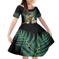 Personalised New Zealand Kakapo Family Matching Long Sleeve Bodycon Dress and Hawaiian Shirt Aotearoa Fern With Manuka LT14 Daughter's Dress Black - Polynesian Pride