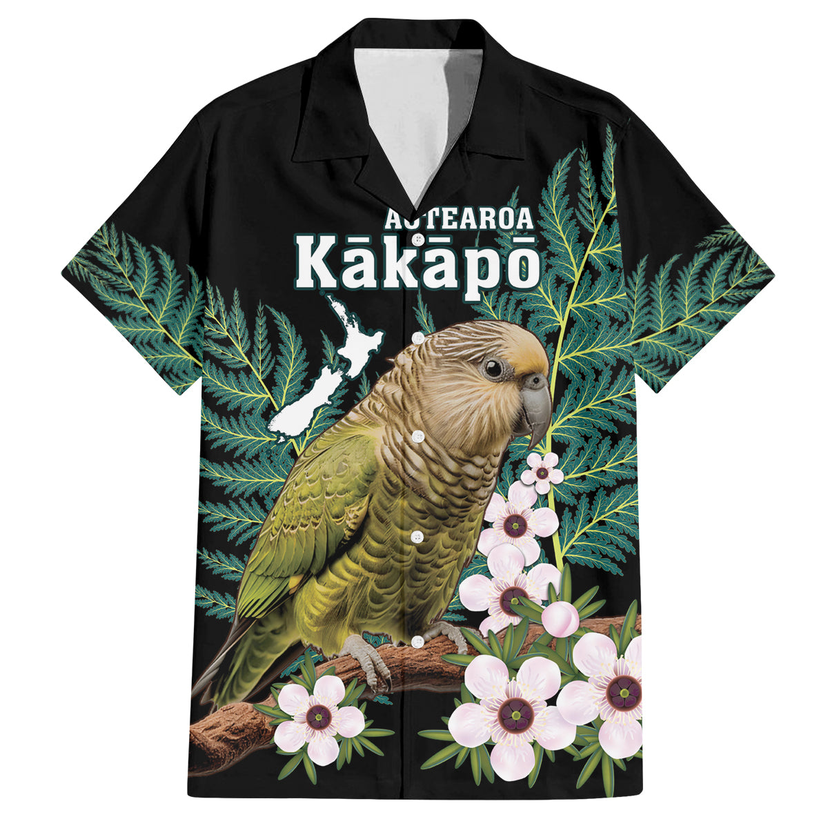 Personalised New Zealand Kakapo Family Matching Long Sleeve Bodycon Dress and Hawaiian Shirt Aotearoa Fern With Manuka LT14 Dad's Shirt - Short Sleeve Black - Polynesian Pride