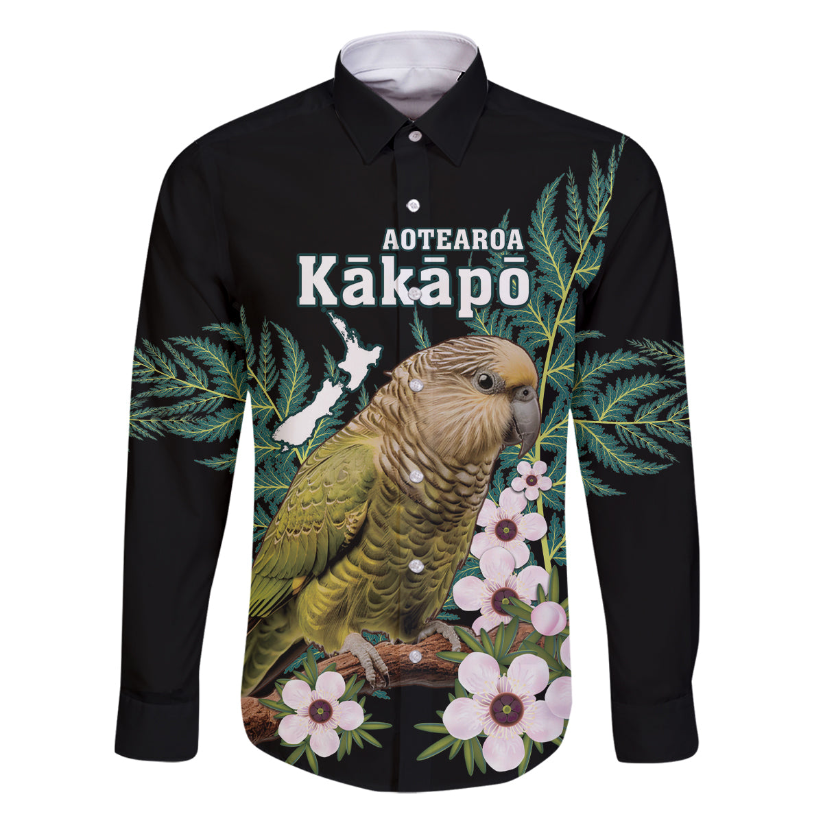 Personalised New Zealand Kakapo Family Matching Long Sleeve Bodycon Dress and Hawaiian Shirt Aotearoa Fern With Manuka LT14 Dad's Shirt - Long Sleeve Black - Polynesian Pride
