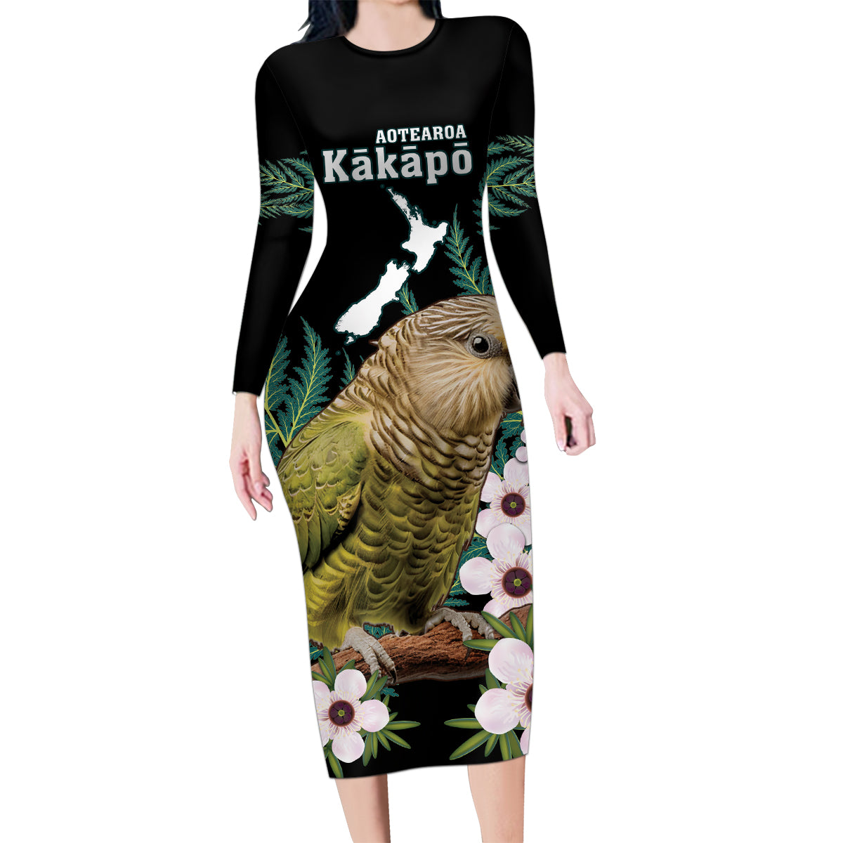 Personalised New Zealand Kakapo Family Matching Long Sleeve Bodycon Dress and Hawaiian Shirt Aotearoa Fern With Manuka LT14 Mom's Dress Black - Polynesian Pride