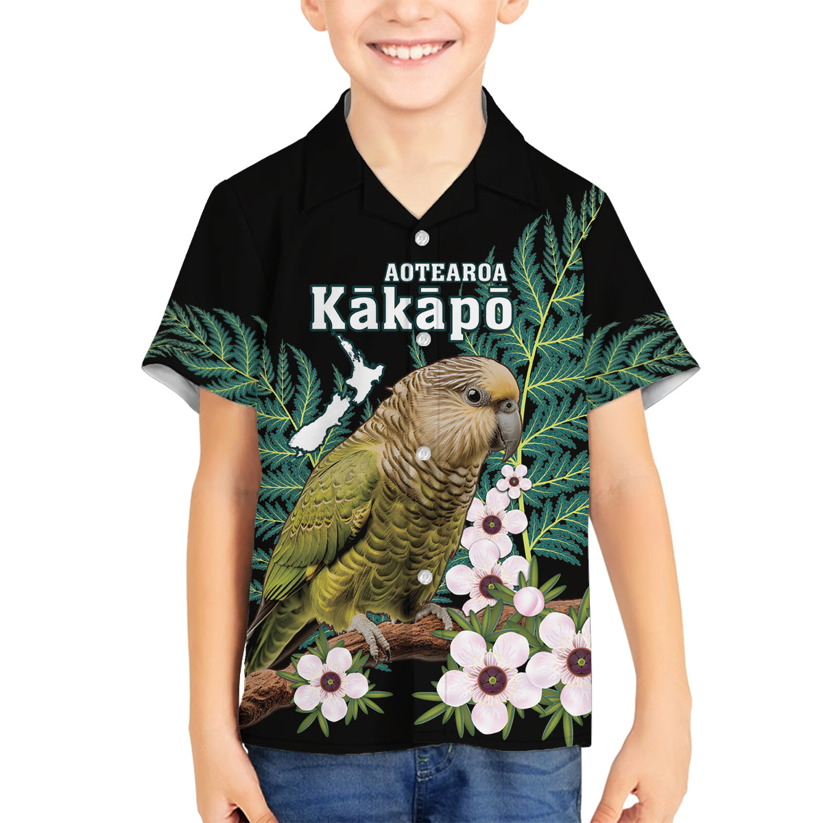 Personalised New Zealand Kakapo Family Matching Long Sleeve Bodycon Dress and Hawaiian Shirt Aotearoa Fern With Manuka LT14 Son's Shirt Black - Polynesian Pride