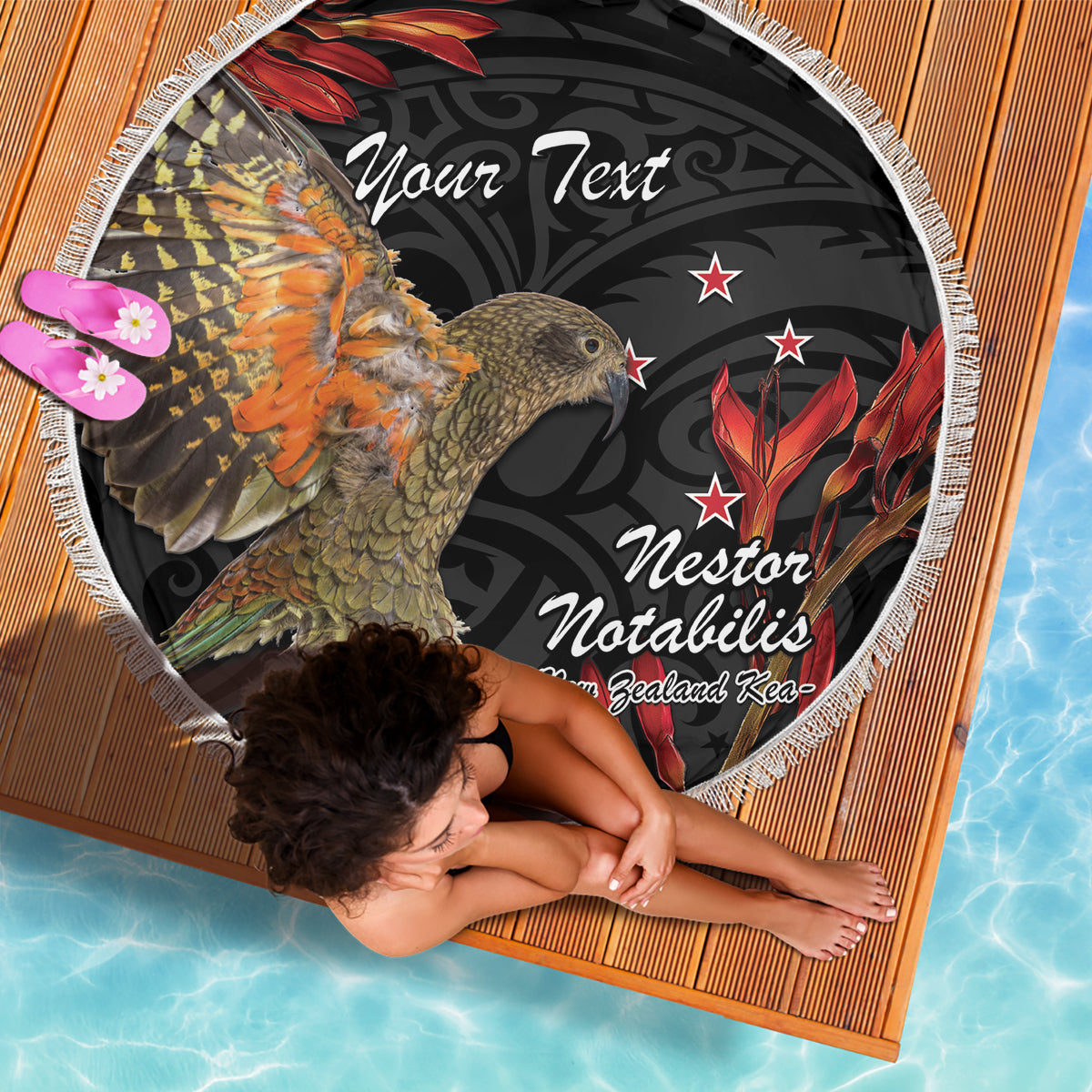 Personalised New Zealand Kea Beach Blanket Nestor Notabilis With Harakeke Maori Pattern